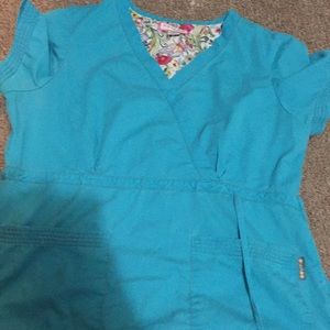 Koi mock wrap teal scrub top large
